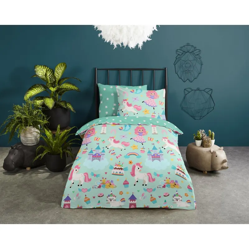 Good Morning Bettwäsche 100x135 + 1 x  40x60 cm Renforcé Fantastic Einhorn, Prinzessin, Regenbogen grün