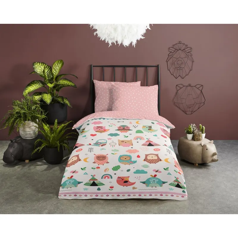 Good Morning Bettwäsche 100x135 + 1 x  40x60 cm Renforcé Wise Eulen im Boho-Stil bunt