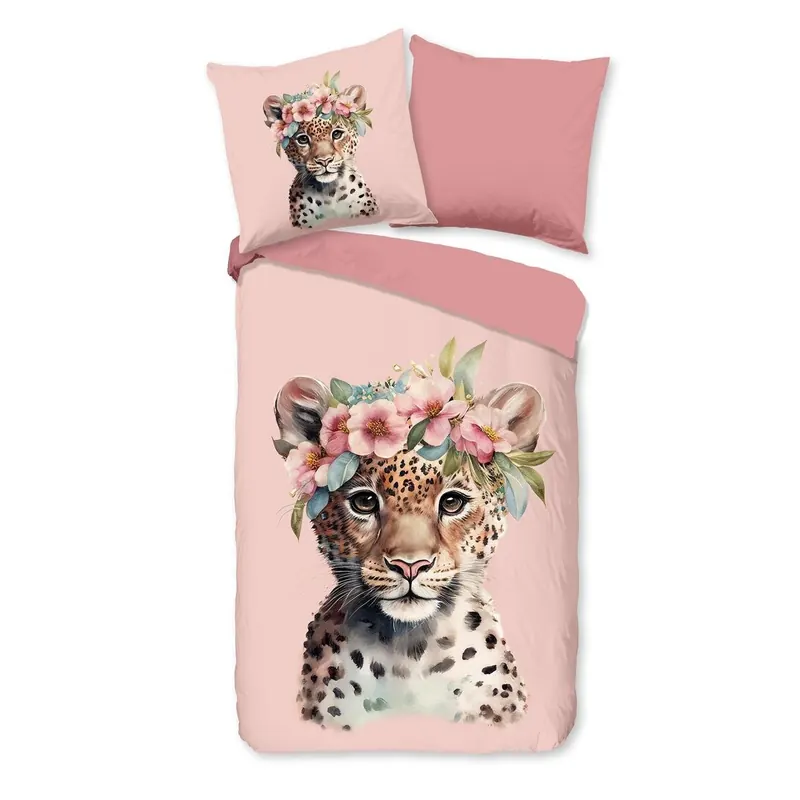 Good Morning Bettwäsche 135x200 + 1 x 80x80 cm Flanell Kiran Leopardenjunges mit Blumenkranz rosa