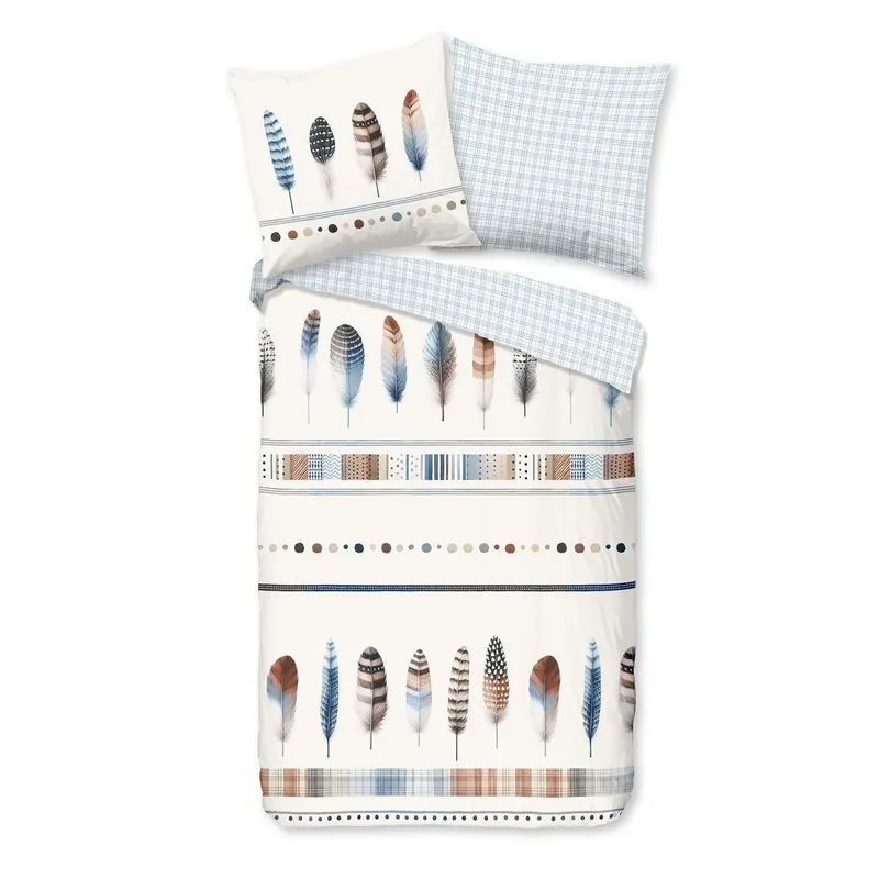 Good Morning Bettwäsche 135x200 + 1 x 80x80 cm Flanell Niba Federn im Boho-Stil blau