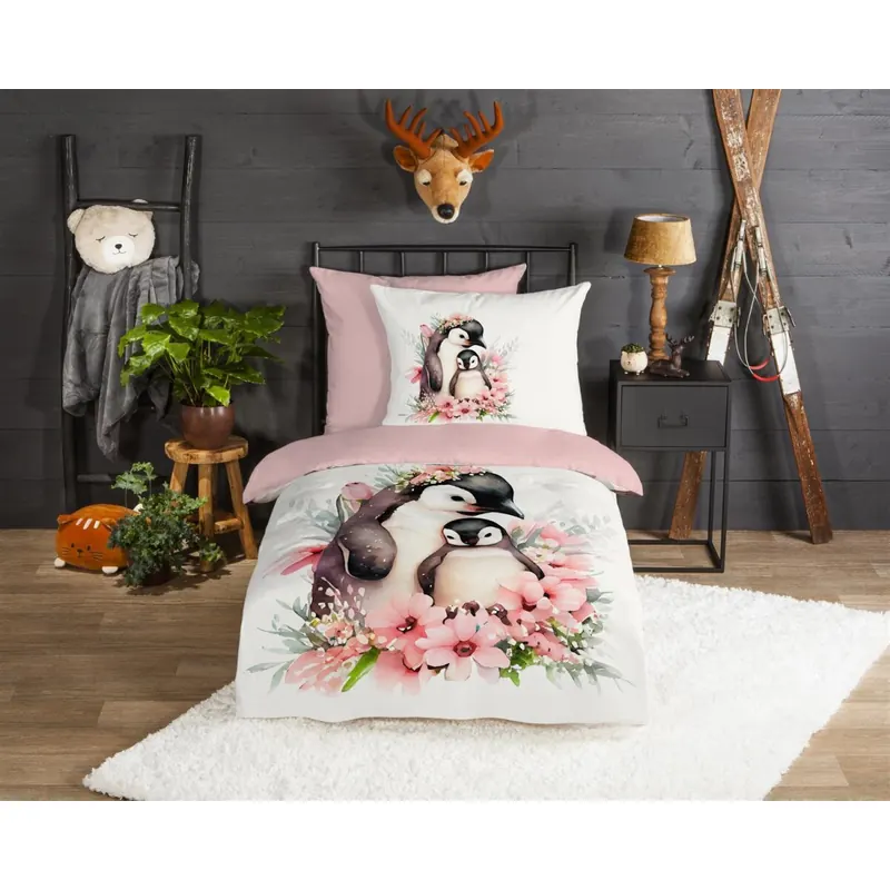 Good Morning Bettwäsche 135x200 + 1 x 80x80 cm Flanell Penny Pinguin rosa