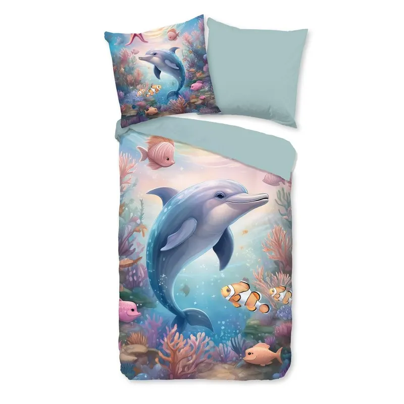 Good Morning Bettwäsche 135x200 + 1 x 80x80 cm Renforcé Baya Delfin und Fische bunt