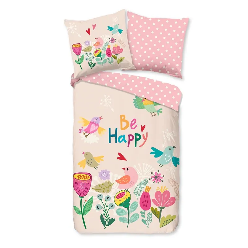 Good Morning Bettwäsche 135x200 + 1 x 80x80 cm Renforcé Happily Blumen und Vögel rosa