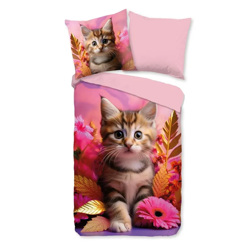 Good Morning Bettwäsche 135x200 + 1 x 80x80 cm Renforcé Kadi Kätzchen Katze rosa