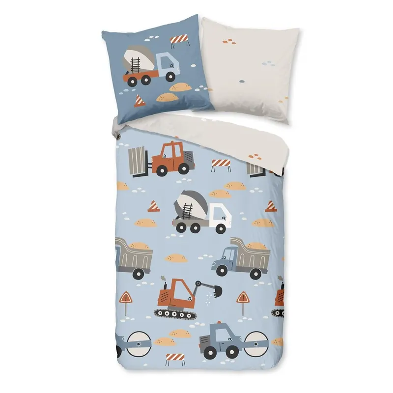 Good Morning Bettwäsche 135x200 + 1 x 80x80 cm Renforcé Mack Bagger, Zementwagen und andere Fahrzeuge blau