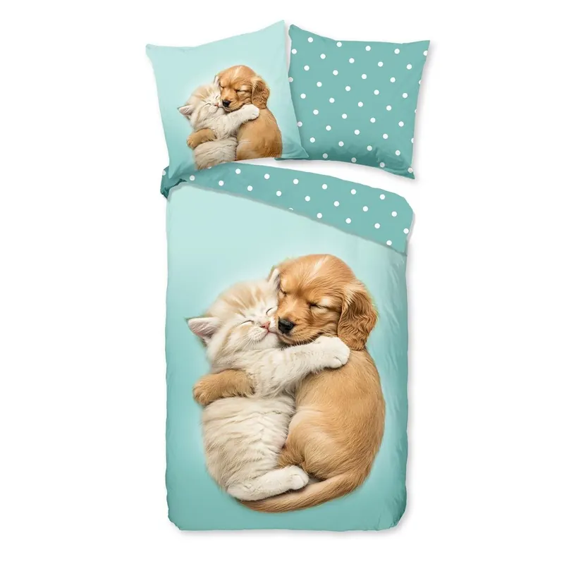 Good Morning Bettwäsche 135x200 + 1 x 80x80 cm Renforcé Paxy Hund und Katze blau