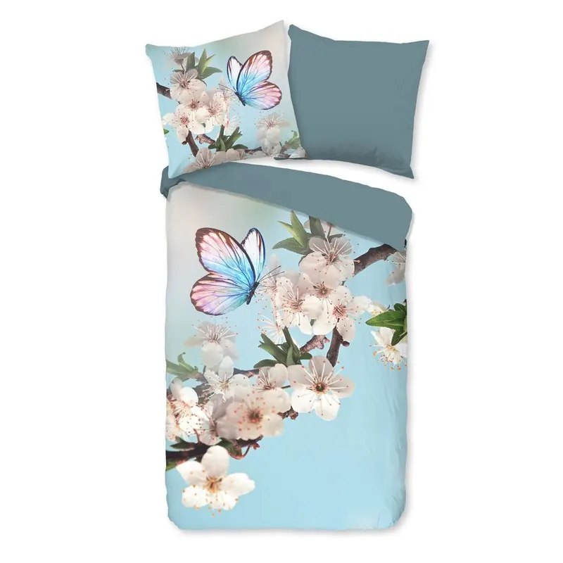 Good Morning Bettwäsche 155x220 + 1 x 80x80 cm Renforcé Mayla Blumen und Schmetterlinge blau