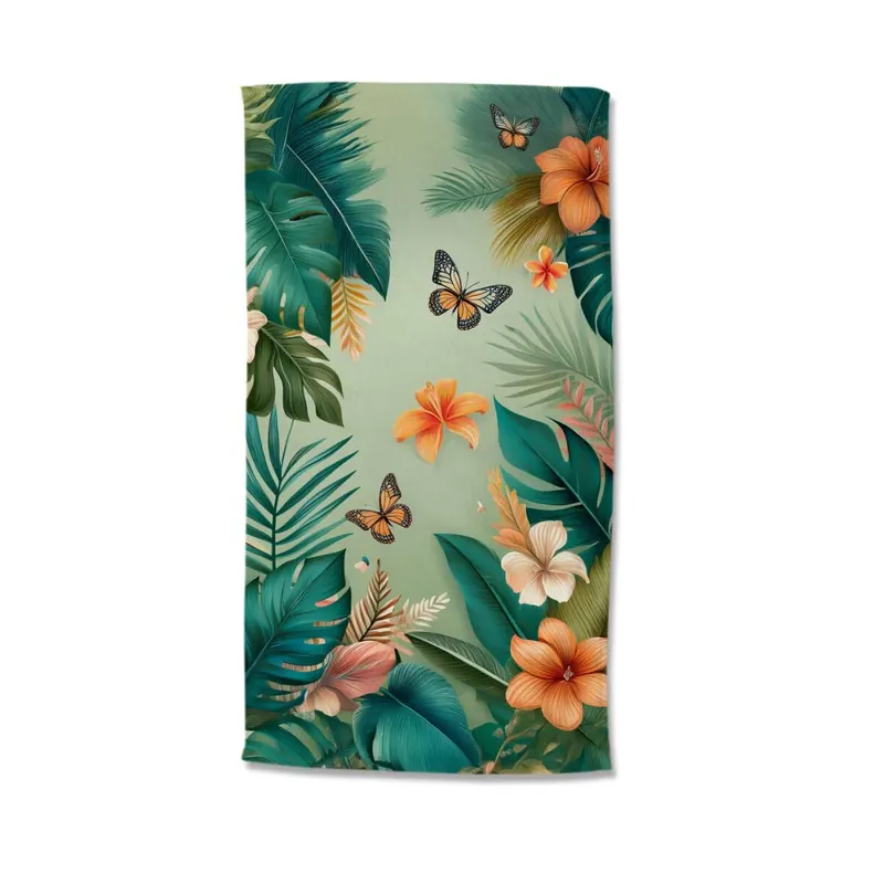 Good Morning Strandtuch 100x180 cm Frottee Joelle Dschungel mit tropischen Blumen und Schmetterlingen grün