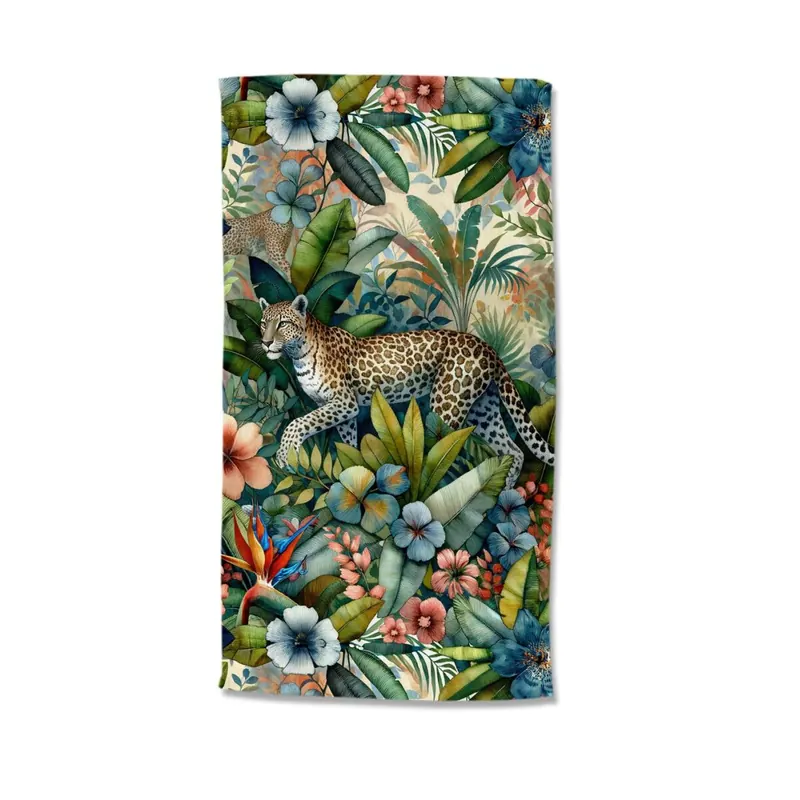 Good Morning Strandtuch 100x180 cm Frottee Raza Leopard im Dschungel aus Blättern bunt