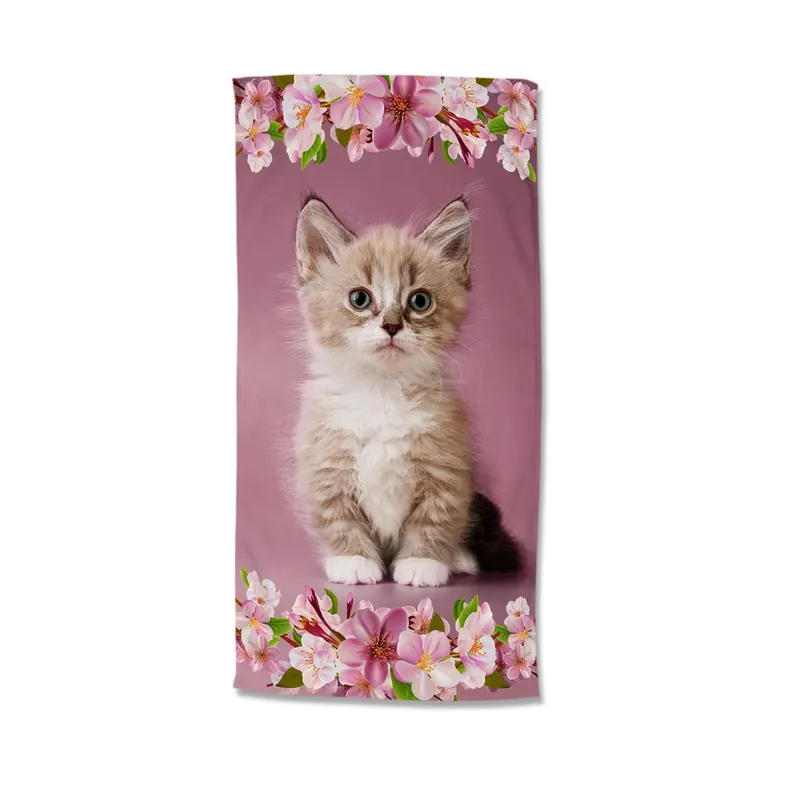Good Morning Strandtuch 75x150 cm Frottee Look Kätzchen Katze mit Blumen rosa