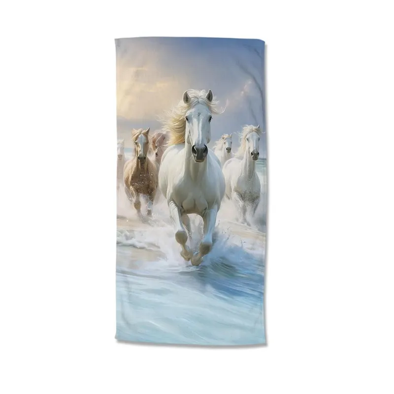 Good Morning Strandtuch 75x150 cm Frottee Wild And Free weiße Pferde galoppieren im Meer blau