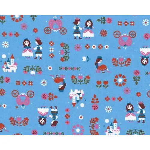 Griffige Patchwork-Baumwolle "Prinz und Prinzessin" mit Märchenelementen: Schloß, Tulpen, Kutsche, kräftiges hellblau