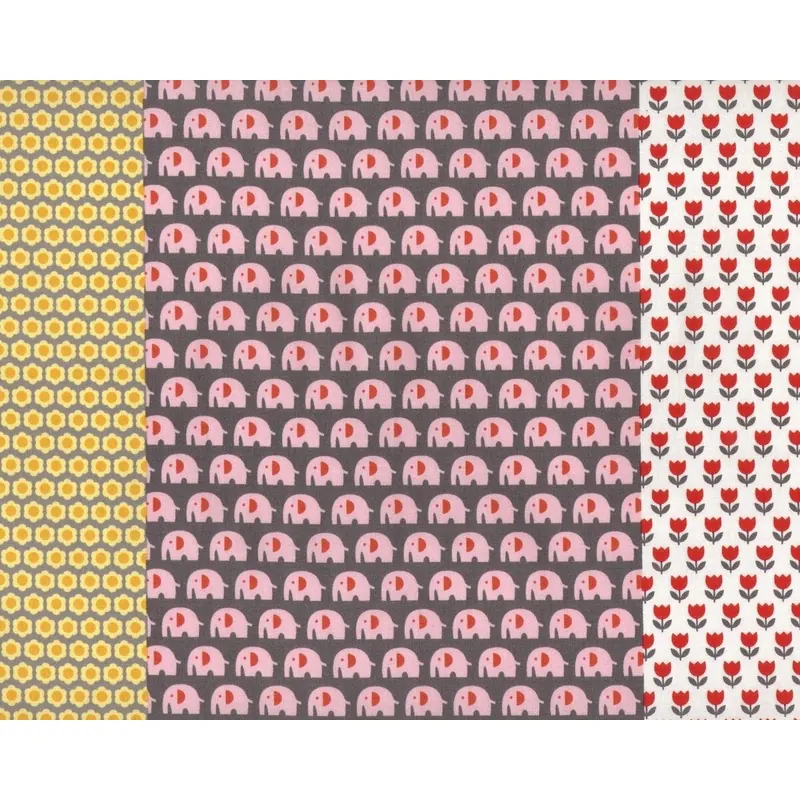 Griffiger Baumwoll-Patchworkstoff TRÈFLE, Bordüren mit Tieren und Blumen, steingrau-rosa, Kokka