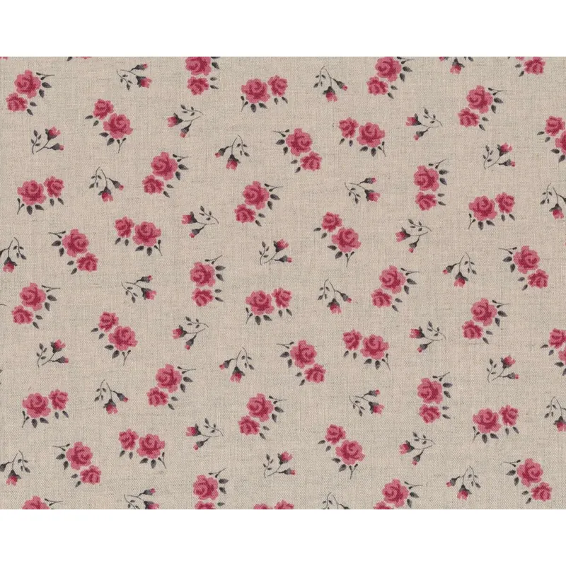 Halbleinen-Dekostoff SHABBY CHIC, Rosen, natur-lachsrot