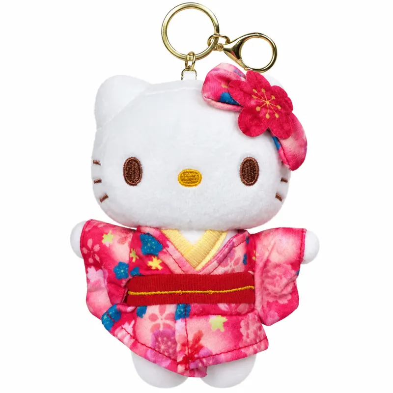 Hello Kitty Plüsch Schlüsselanhänger 12 cm Kimono Blumen Design rot Taschenanhänger Kuscheltier Plüschtier Bagclip Stofftier Plush Cute Weihnachten Geschenke für Kinder