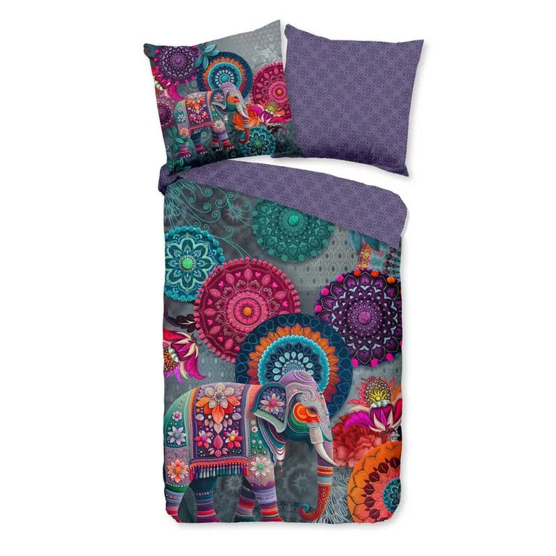 HIP Bettwäsche 155x220 + 1 x 80x80 cm Mako Satin Abhay bunte Mandalas und ein Elefant lila