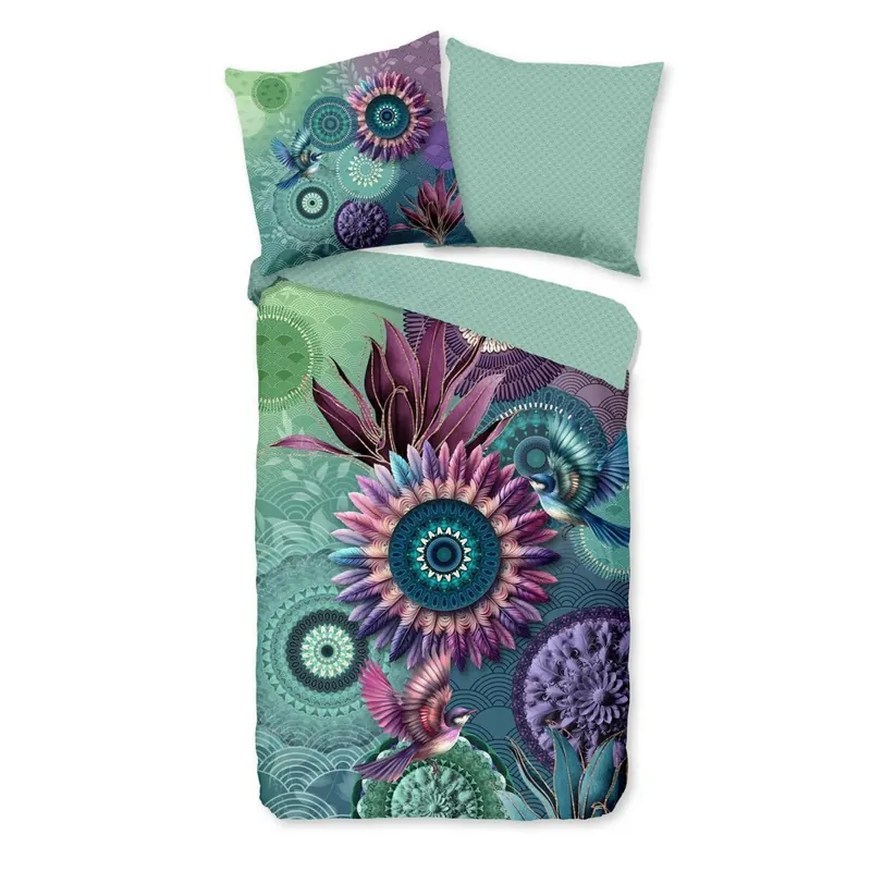 HIP Bettwäsche 155x220 + 1 x 80x80 cm Mako Satin Vespera Mandalas mit Pflanzen und Vögeln grün