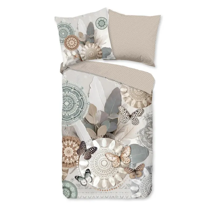 HIP Bettwäsche 200x200 + 2 x 80x80 cm Mako Satin Alrune Mandalas mit Federn und Schmetterlingen grau