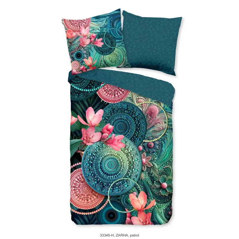 HIP Bettwäsche 200x200 + 2 x 80x80 cm Mako Satin Zarha Mandalas und Blumen blau