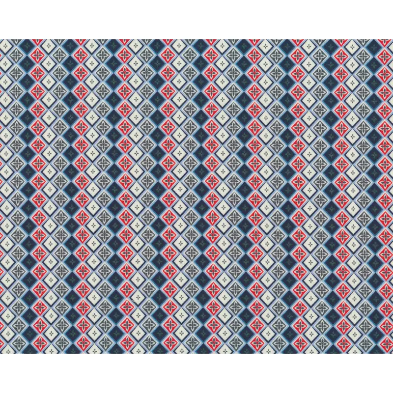 Hosenstoff Baumwoll-Stretch KOBE, Blütenrauten, rot-blau