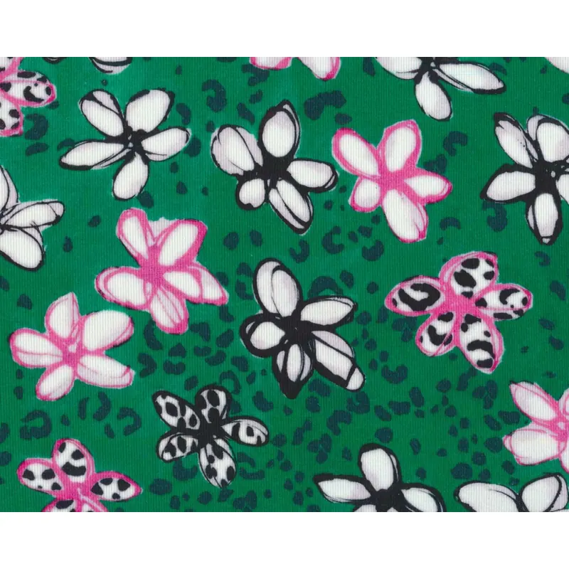 Italienischer Feinripp-Jersey LISSY, Comic-Blüten, grün-pink