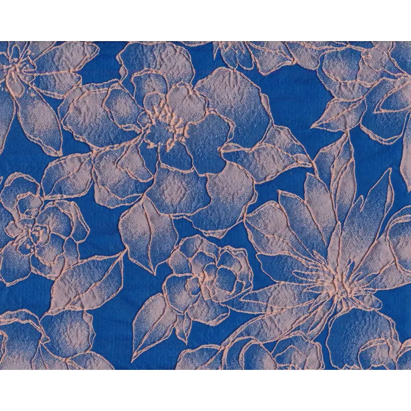 Italienischer Jacquardstoff AZZURRA, Magnolien und Pfingstrosen, ultramarinblau-aprikot
