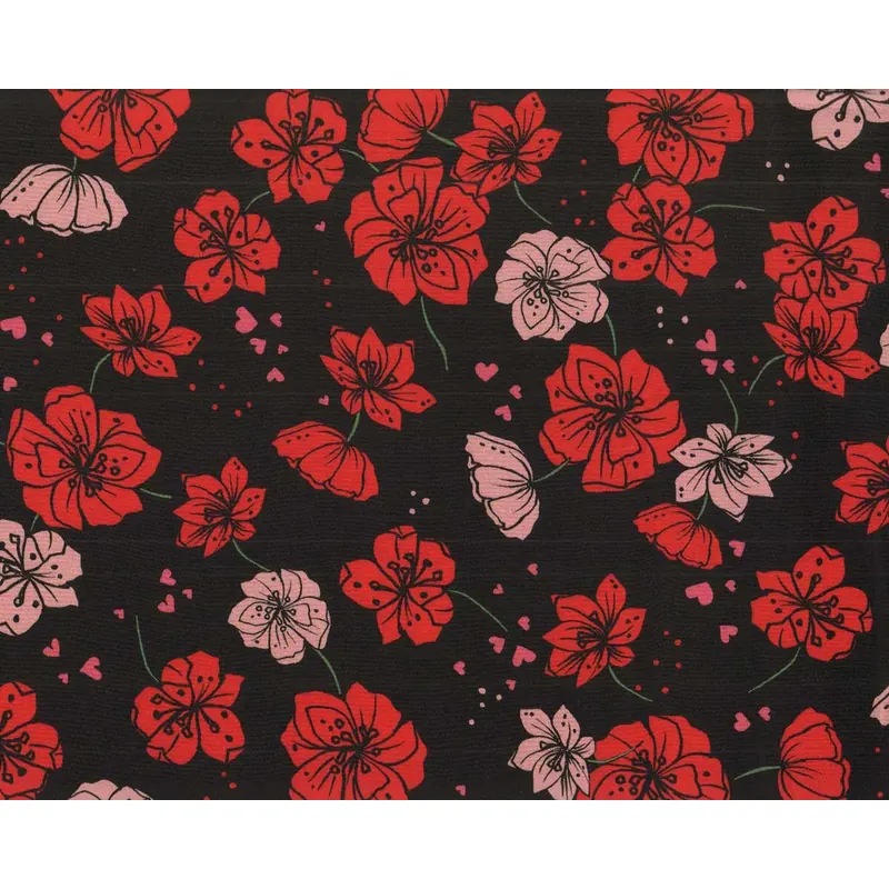 Italienischer Satinstoff CHRISSY, Blüten, matt, schwarz-rot