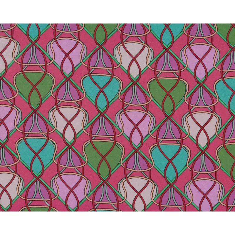 Italienischer Seidensatin mit Elasthan PHANTASIE, Rauten, matt, fuchsia-grün