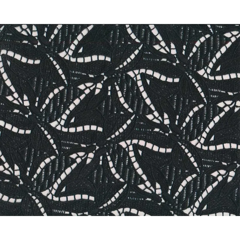 Italienischer Spitzenstoff MAWI, Blattdesign, schwarz