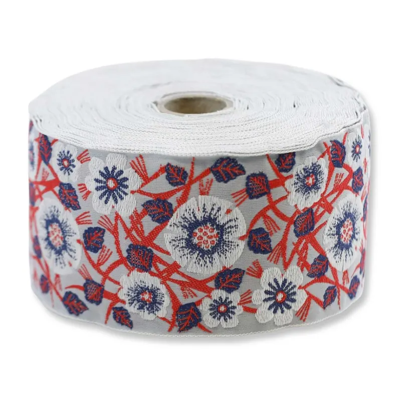 Jacquardband BLUMENWIESE, 60 mm breit, blau-rot, Kafka