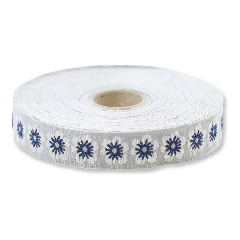 Jacquardband BLÜTE, 15 mm breit, blau-weiß, Kafka