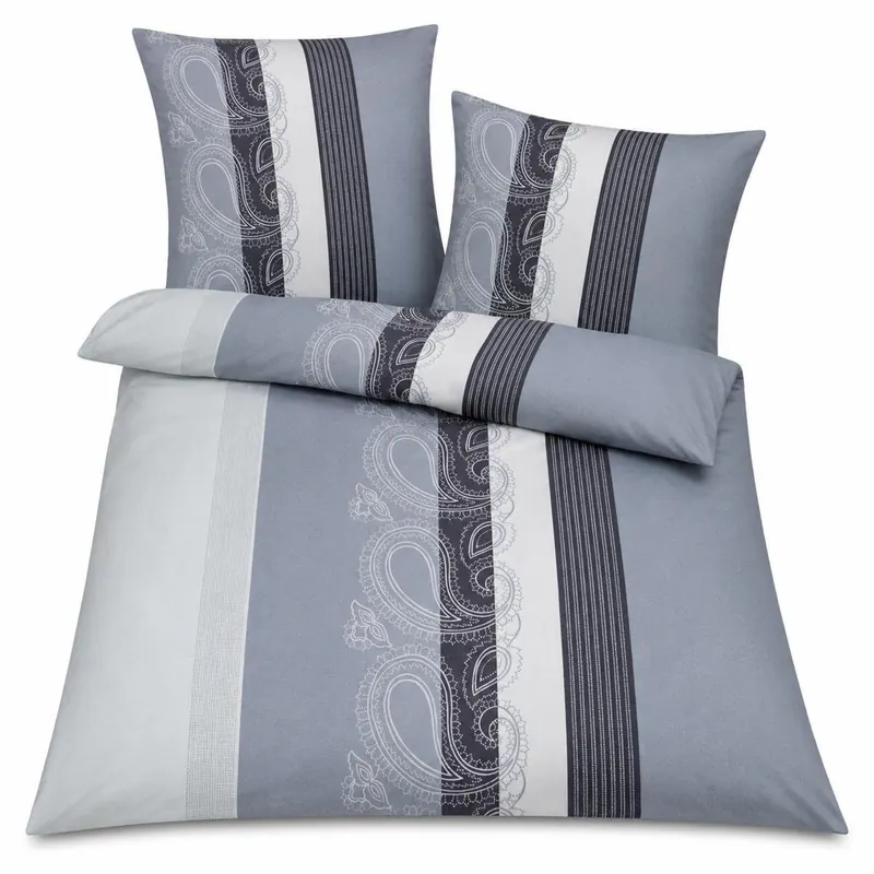 Janine Feinbiber Wende-Bettwäsche Davos 6456-08 155x220 cm + 80x80 cm Bordüre paisley Streifen silber Anthrazit grau