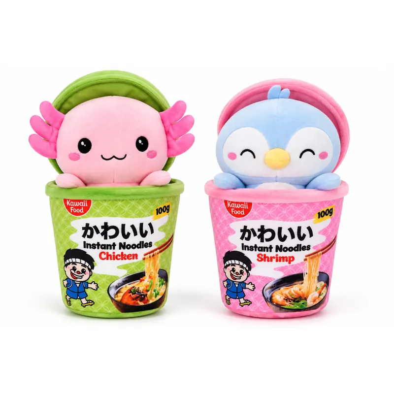Kawaii Nudelbecher Plüsch Kuscheltier 2er Set – 17 cm Axolotl & Pinguin
