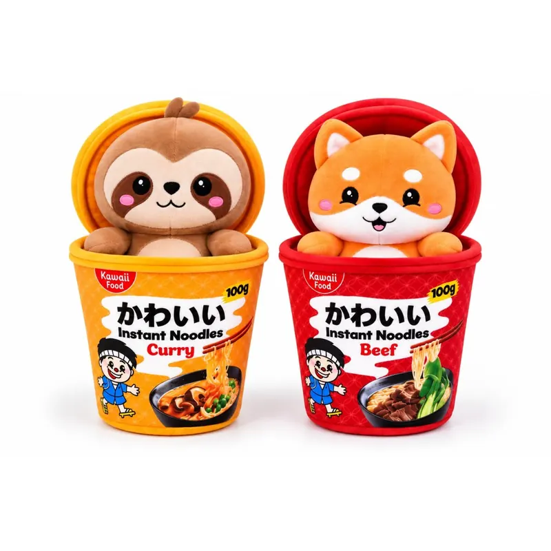 Kawaii Nudelbecher Plüsch Kuscheltier 2er Set – 17 cm Faultier & Fuchs