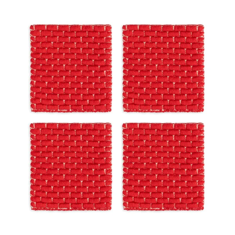 Knit Factory | Gestrickte Glasuntersetzer Block Ecru/Rot - 4er Set | Creme;Rot