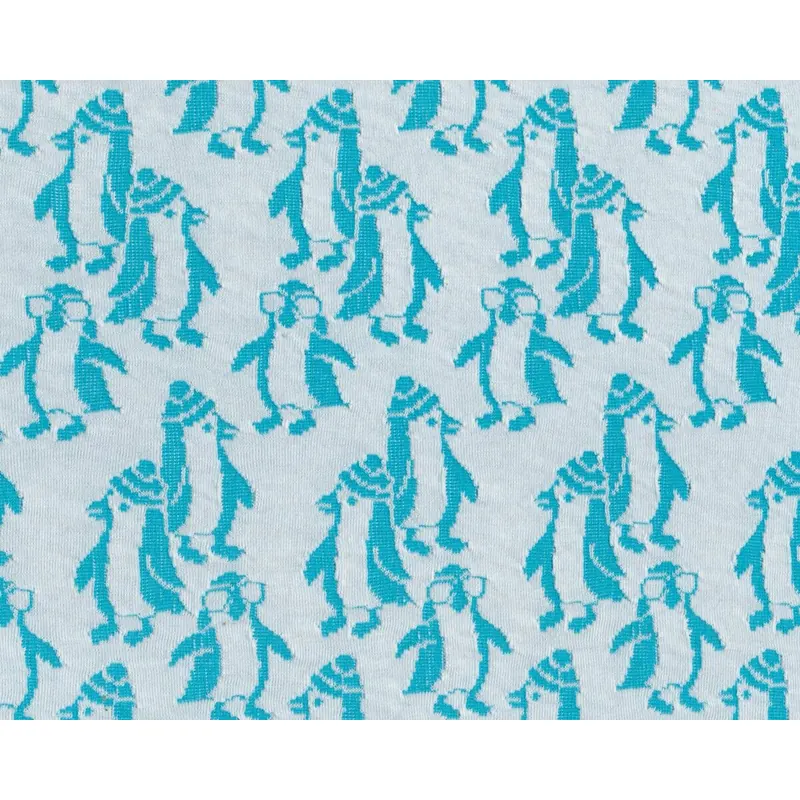 Leichter Bio-Jacquard-Strick PINGU PARADE, Pinguine, weiß-türkis
