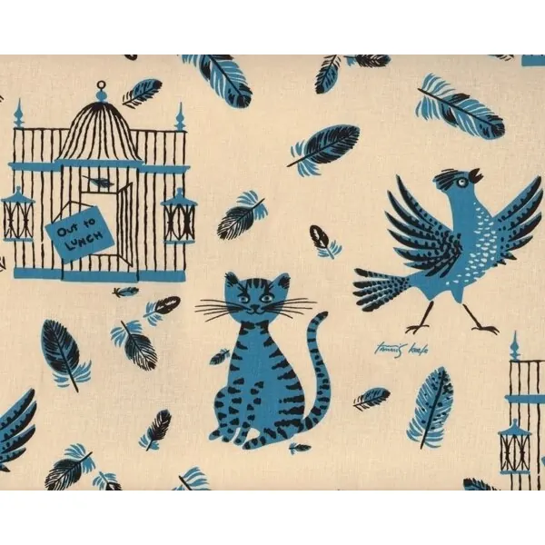 Leinen-Baumwoll-Patchwork "Out to Lunch" mit Katzen und stolzen Hühnern, petrolblau-beige