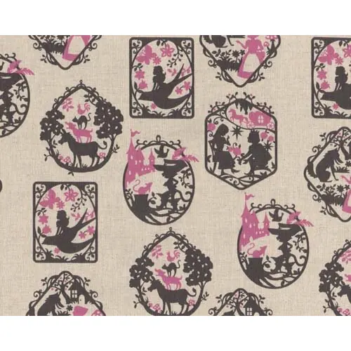 Leinen-Baumwoll-Patchwork "Scherenschnitt", mit Märchenmotive, natur-anthrazit-rosa