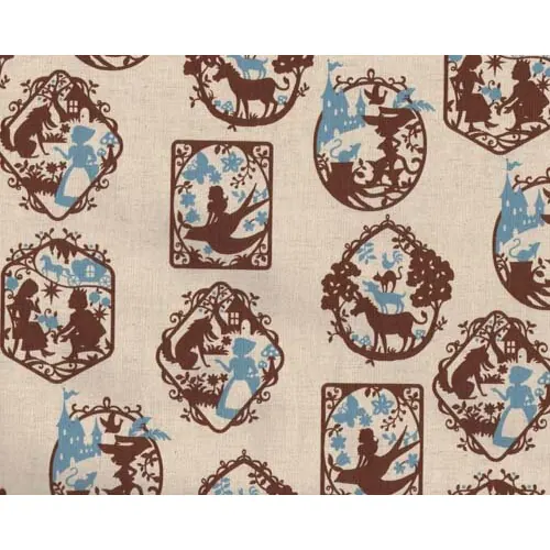 Leinen-Baumwoll-Patchwork "Scherenschnitt", mit Märchenmotive, natur-braun-taubenblau