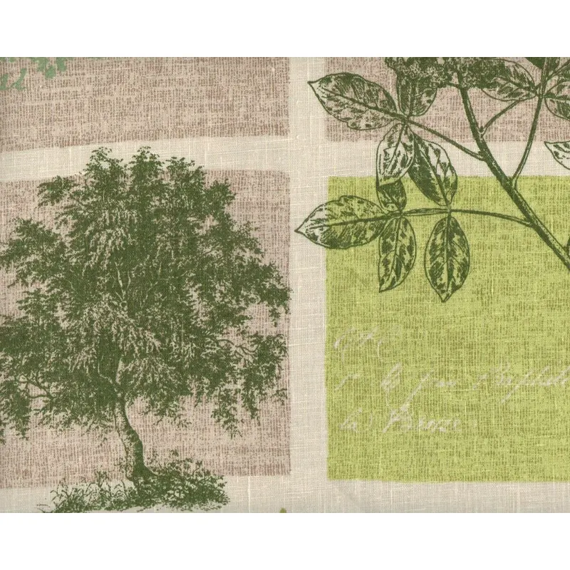 Leinen-Dekostoff VERGARDEN, Bäume und Schrift, grüngrau-natur
