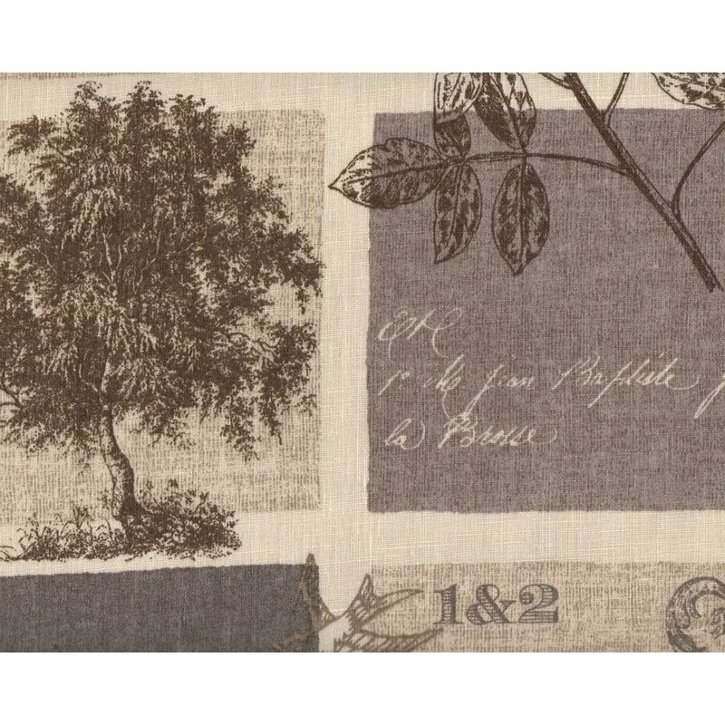 Leinen-Dekostoff VERGARDEN, Bäume und Schrift, schlammbraun-natur