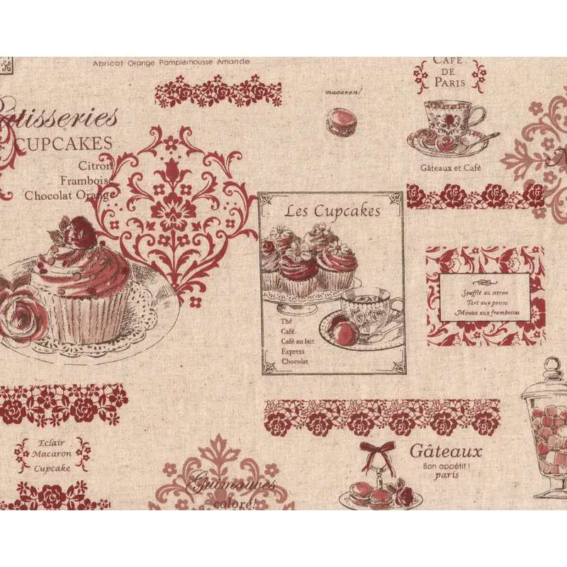 Leinen-Patchworkstoff PATISSERIES, Törtchen und Gebäck, weinrot, Yuwa Fabrics
