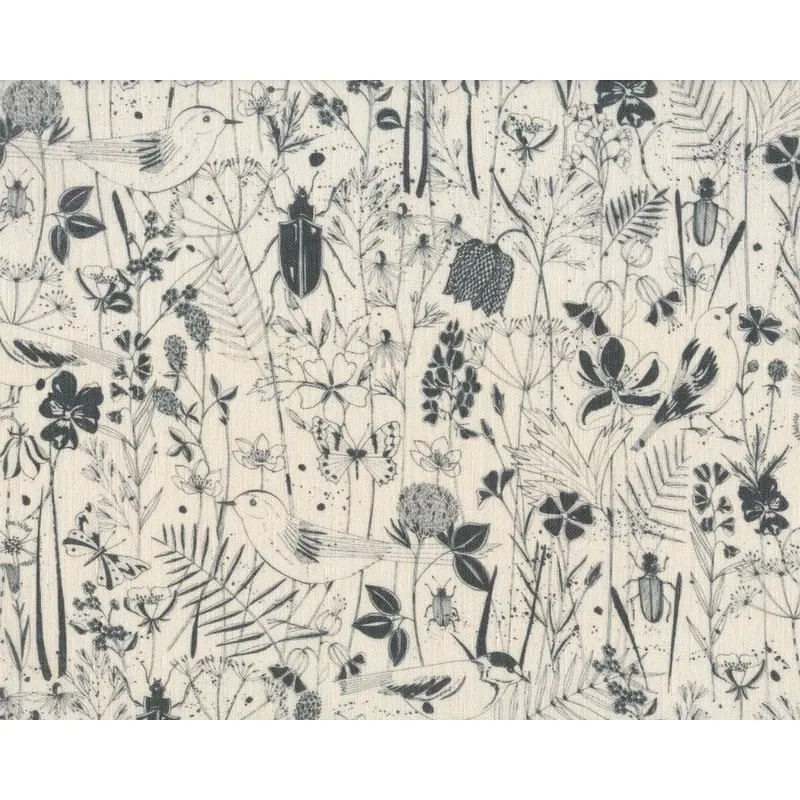 Leinenstoff WIESENGLÜCK, Vögel und Blumen, anthrazit, Acufactum