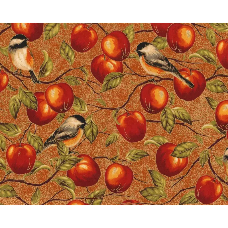 Metallic-Patchworkstoff BOUNTY OF THE SEASON, Äpfel und Meisen, goldbraun, Robert Kaufman