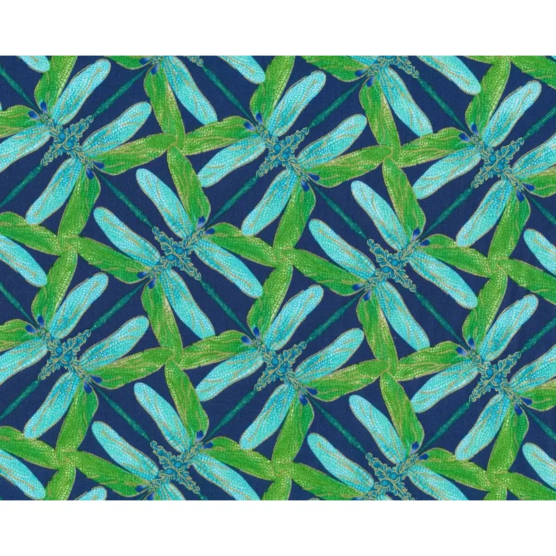 Metallic-Patchworkstoff DANCE OF THE DRAGONFLY, Libellen-Raster, dunkelblau-hellgrün