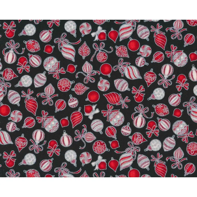 Metallic-Patchworkstoff HOLIDAY CHARMS, Kugeln, schwarz-silber, Robert Kaufman