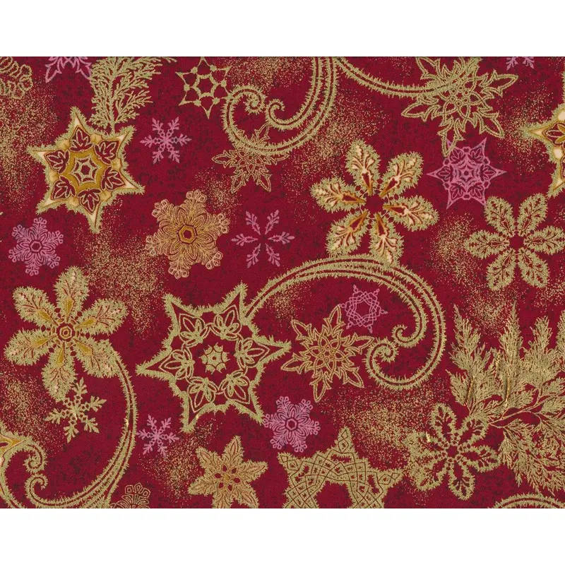 Metallic-Patchworkstoff HOLIDAY FLOURISH, Eiskristall-Zauber, weinrot-gold metallic