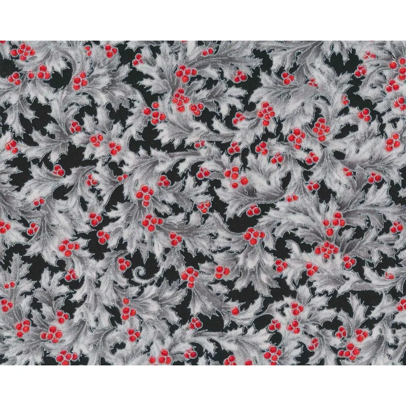 Metallic-Patchworkstoff HOLIDAY FLOURISH, Ilex-Blätter, schwarz-silber, Robert Kaufman