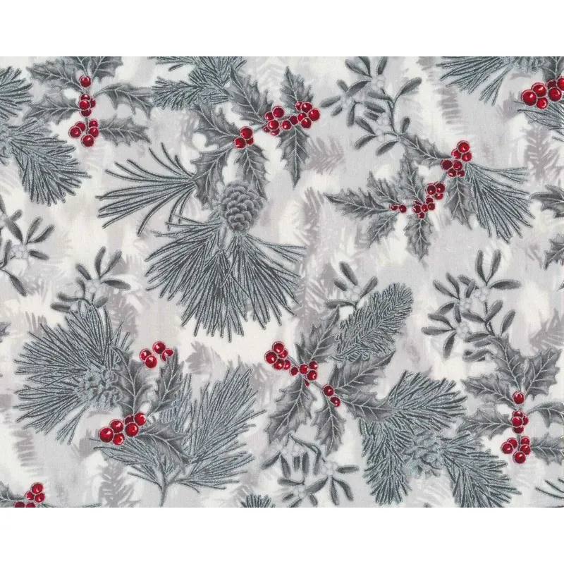 Metallic-Patchworkstoff HOLIDAY FLOURISH, Ilex und Zapfen, weiß-silber, Robert Kaufman