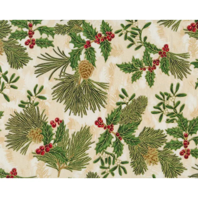 Metallic-Patchworkstoff HOLIDAY FLOURISH, Ilex und Zapfen, wollweiß-gold, Robert Kaufman